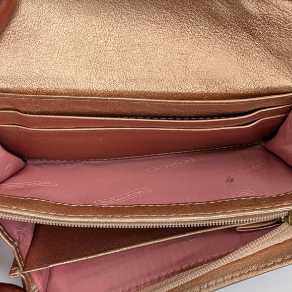 Coach Wallet Signature Canvas Trifold Khaki Brown Rose Gold Metallic Leather - Picture 13 of 14